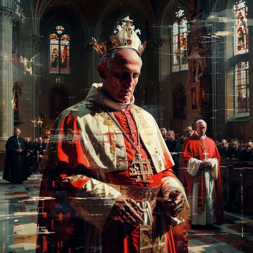 AI generated photo of a pope with all garments on, standing in a cathedral, with other cardinals and priests behind him