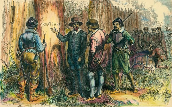 Governor John White discovering the word CROATOAN carved on a tree bark